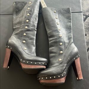 UGG Black Heeled leather Boots with Studded Platform 8 new